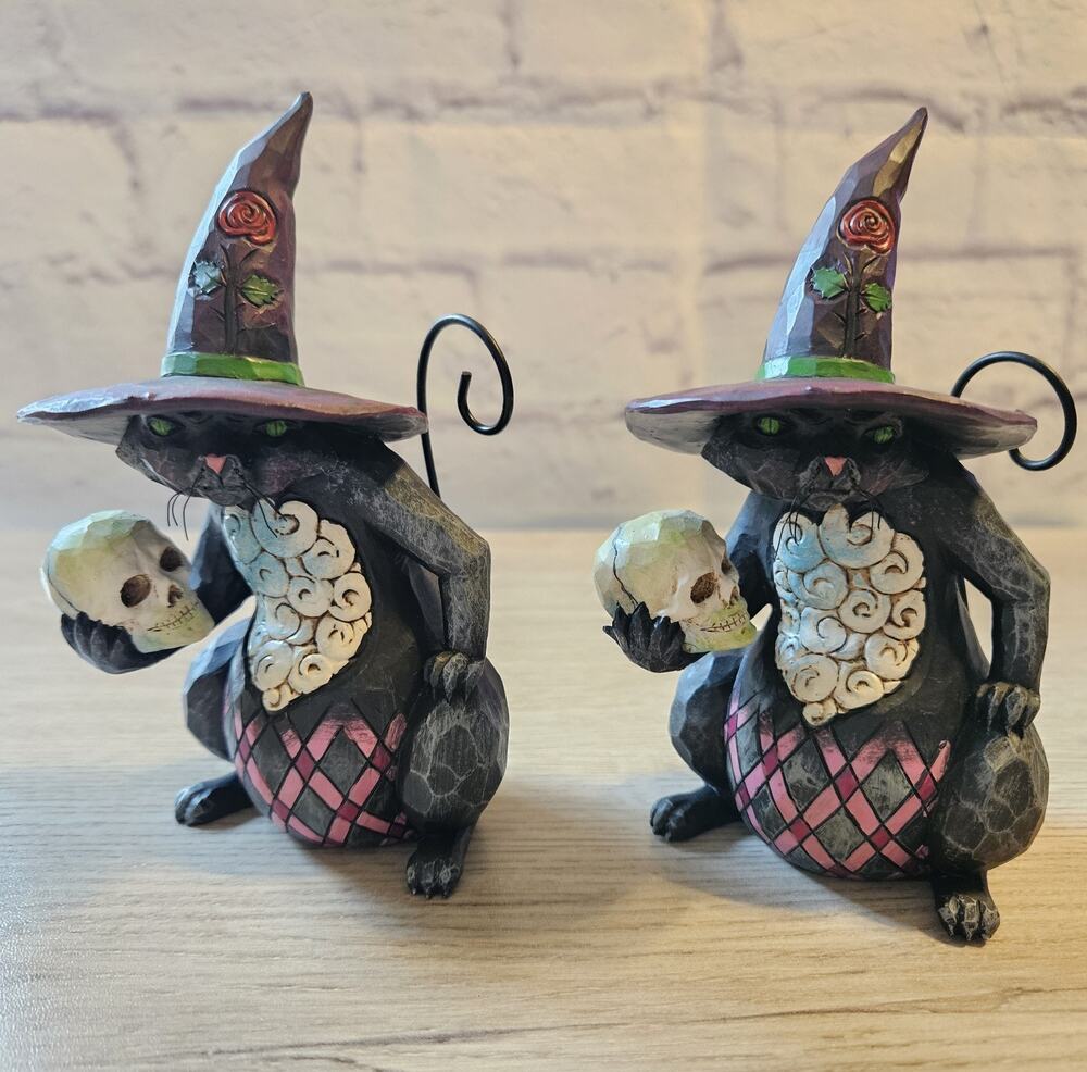 Jim Shore Fur-Ever Frightful Black Cat w/ Skull 2 Figurine Set Halloween 4027796